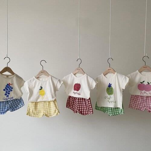 South Koreas Same Summer Baby Boys And Girls Plaid Suit Fruit Sleeve T-shirt Shorts Two-piece