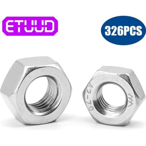 YCDC 326Pcs Hexagon Nuts Assortment Kit M2 M2.5 M3 M4 M5 M6 M8 M10 M12 304 Stainless Steel Metric Thread Hex Nut Hexagon Nuts