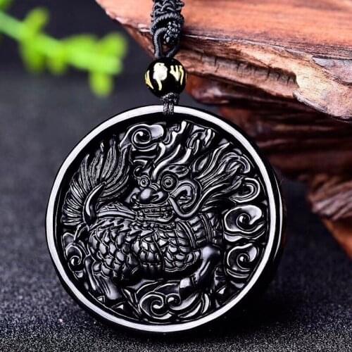 Natural Chinese Black Obsidian Unicorn Pendant Necklace Beads Fashion Charm Jewellery Hand-Carved Lucky Amulet Men Women Gifts