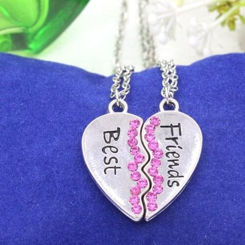 Pink Crystal Crack "Best""Friends" Half Heart Each Pair Necklace for Women 2 pcs Around 47 cm