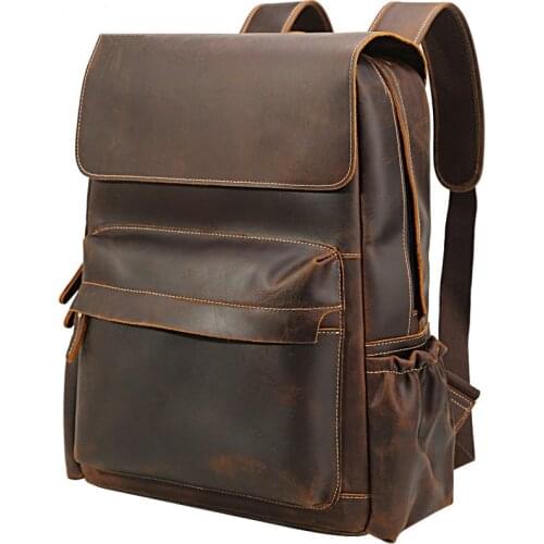 New European and American leather mens backpack large capacity 16 inch computer bag retro crazy horse leather outdoor backpack