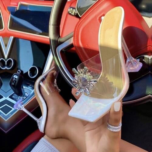 UVRCOS PVC Transparent Crystal Sun Flowers Buckle Womens Slippers Summer Square Toe Ladies Strange High Heels Sandals Shoes