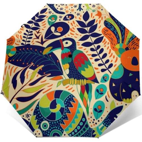 Wind Resistant Fully-Automatic Umbrella Bright Yellow Floral Tropical Animals Rain 3 Folding Parasol Travel Car Umbrella