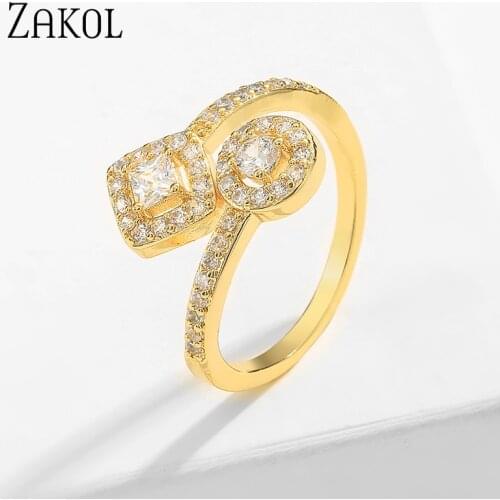 ZAKOL Fashion Sparking Round & Square CZ Zirconia Stone Open Rings For Women Unique Crystal Wedding Adjustable Jewelry FSRP2147