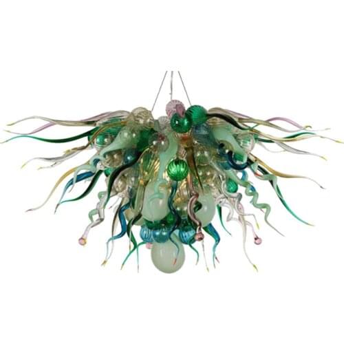 Green Glass Chandelier Lighting Hand Blown Bubbles and Twists Art Decoration Pendant Lamps for Lobby Hotel 70 by 60 CM