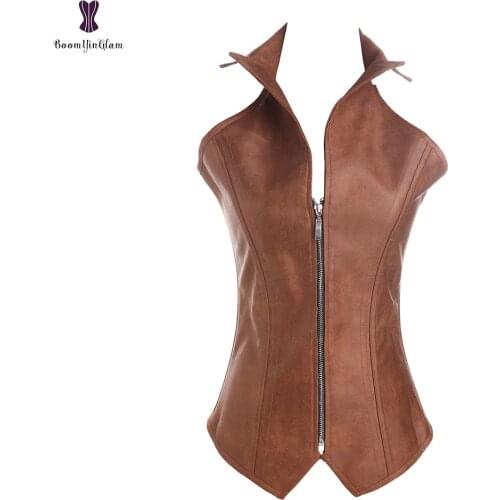 Plus Size Punk Style Brown Setampunk Clothing Body Shapwear Zip Up Corset Bustier With Collar 914
