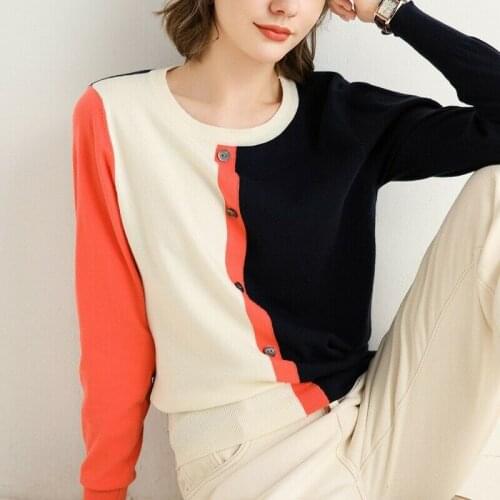 Womens New Round Neck Knitted Pullover Sweater Color matching Casual Stylish D