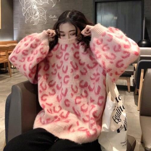 Spring Autumn Korean Sweater Women 2021 New Lazy Leopard Print Pullover Loose Outer Wear Long Sleeve Keep Warm Sweater Feminine
