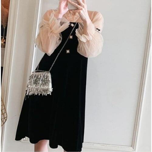 Gold velvet Stitching Dress 2021 New Spring Sexy Hollow Dress Lace Up Slim Fit Womens Long Sleeve Loose Large Size Dress