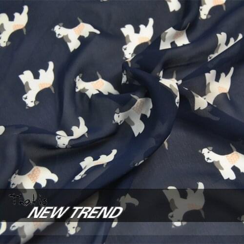 100cm * 150cm Polyester Chiffon Fabric Navy Blue Printing Puppy Dog For Dress Shirt DIY Sewing