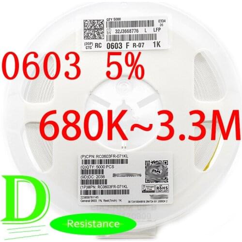 100PCS SMD Resistor 0603 5% RC0603JR-07 Series 680K 750K 820K 910K 1M 1.1M 1.2M 1.3M 1.5M 1.6M 1.8M 2M 2.2M 2.4M 2.7M 3M 3.3M
