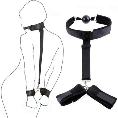 CamaTech Adjustable Leather Collar Neck Wirst HandCuffs Silicone Mouth Gag Ball Restraint Straps Bondage Fetish Slave Adult Game