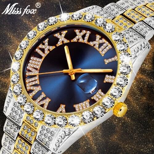 MISSFOX Mens Watch 2020 Top Selling Luxury Brand Blue Dial Gold Men Fashion Watches Men Big Diamond Bracelet Luxury Watch Men