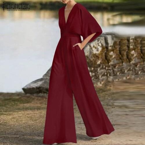 Elegant Summer Rompers ZANZEA Women V Neck Wide Leg 3/4 Sleeve Jumpsuits Solid Party Overalls Loose OL Work Playsuits Oversize