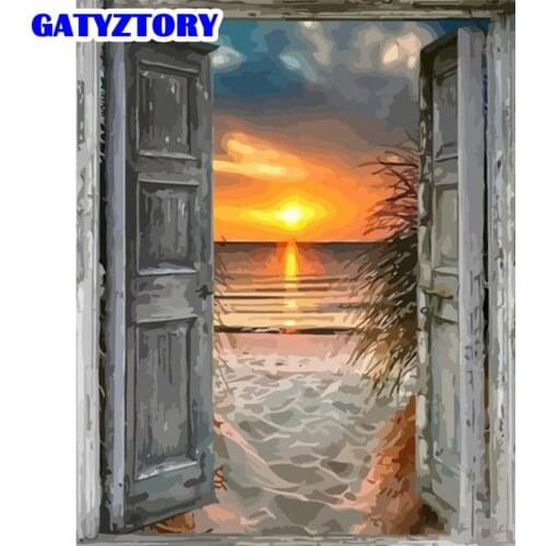 GATYZTORY Oil Painting By Numbers Kits For Adults Front Door Beach Landscape Picture By Number HandPainted Home Decorations