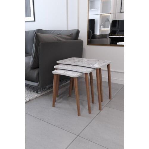 Zigon Coffee Table & Side Coffee Table 3'lü Wooden Legs Coffee Table-White Marble Pattern