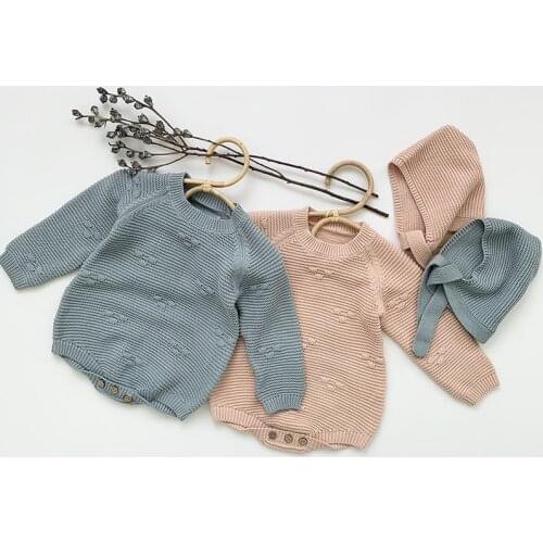 Newborn Baby Girls Long Sleeve Pure Color Knit Rompers + Hat Clothes Autumn Winter Baby Toddler Girls Jumpsuits 0-2Yrs