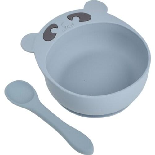 2Pcs Cartoon Bear Baby Training Feeding Food Bowl Spoon Set Silicone Dish Scoops