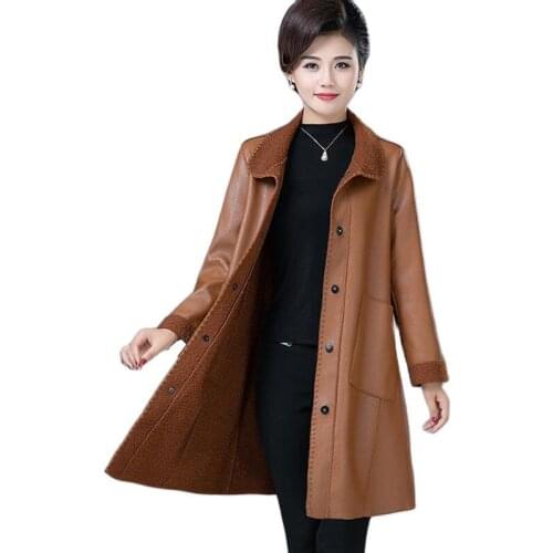 Fall Winter Womens PU Leather Jacket 2021 New Middle-aged Mother Lined Lamb Wool Warm Leather Overcoat Female Loose 5XL Coat A