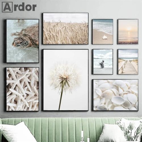 Summer Travel Landscape Wall Art Poster Beach Conch Starfish Tortoise Art Print Dandelion Plant Tree Canvas Painting Home Decor