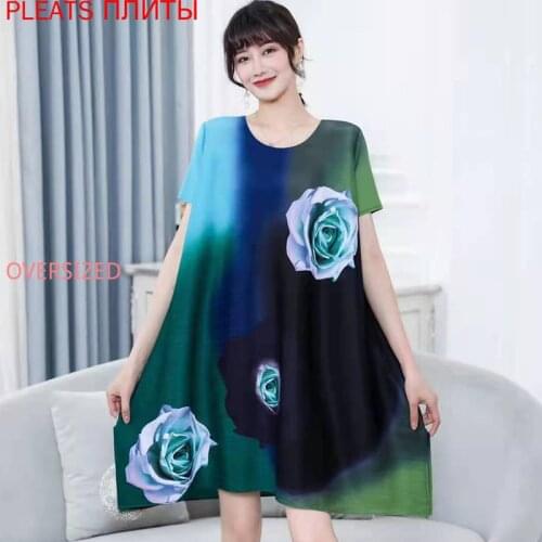 Miyake Pleated Dress Gradient Color Printing Short Sleeve Loose Plus Size Womens Clothing PLEATS Vestido De Mujer Robes