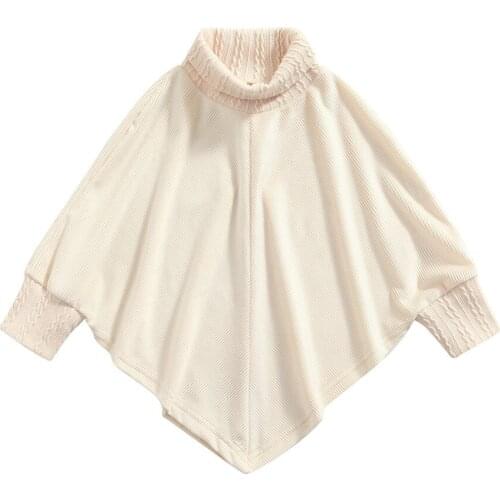 2021 2-7Y Fashion Kids Baby Girl Pullovers White Solid Color Turtleneck Loose Fit Long Bat Sleeve Irregular Hem Top Fall Outwear