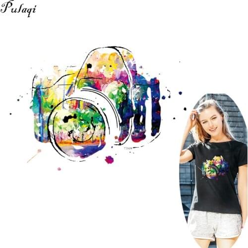 Pulaqi Cartoon Camera Patch Heat Transfer Stickers For T-shirt Dress Rainbow Patches A-level Washable DIY Clothing Accessories H