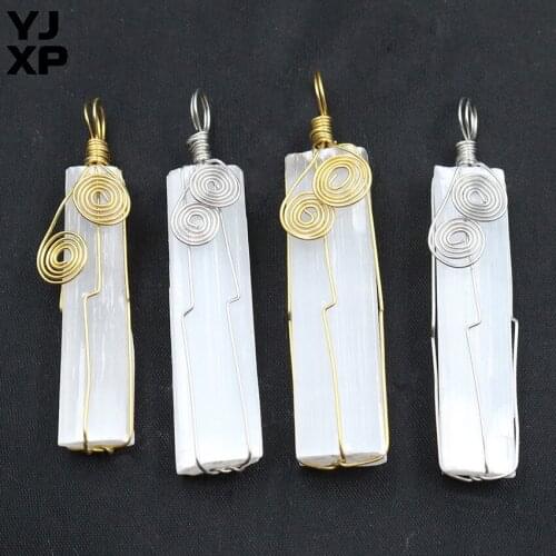 YJXP Natural Gypsum Column Pendants Wire Wrapped Irregular Raw Selenite Wand Crystal Stone Reiki Healing Jewelry Necklaces Fits
