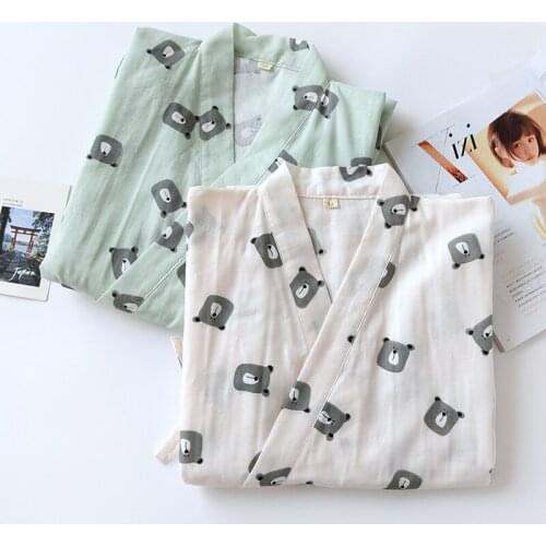 Lover Pajamas Japanese Kimono Yukata Sleepwear Women Nightgown Kawaii Girls Bear Print Unisex Summer Cotton Cardigan Home Wear