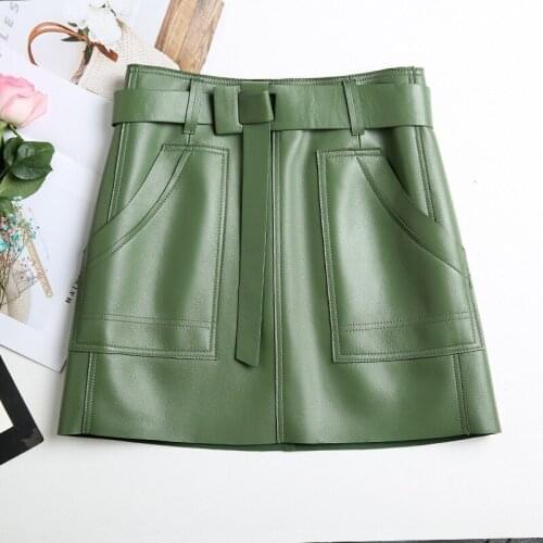 Casual Solid Genuine Leather Women Skirt Real Sheepskin Natural Sheep Lady High Waist Mini Short Black Green Pockets Belt Skirt