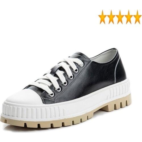 Casual Lace Up Leather Women Low Cut Shallow Antiskid Flats Platform Shoes Classic Black White Outside Joggers Sneakers