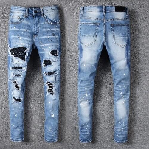 Luxury Mens DIsstressedJeans Homme Rhinestone Patchwork Light Blue Ripped Jeans Skinny Stretch Denim Pants Hip Hop Stack Jean