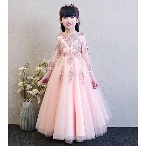 High Quality Pink Tulle Flower Girl Party Pageant Princess Dress For Little Girls Glitz Bead Appliques First Communion Dresses