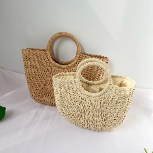 2021 New Moon shaped Top Handle Handbags Totes Summer Handmade Bags for Women Beach Weaving Ladies Straw Bag Wrapped Beach Bag