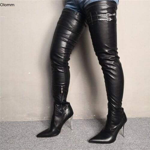 Olomm New Women Thigh High Boots Sexy Stiletto High Heels Boots Pointed Toe Gorgeous Black PARTY Shoes Women Plus US Size 5-15