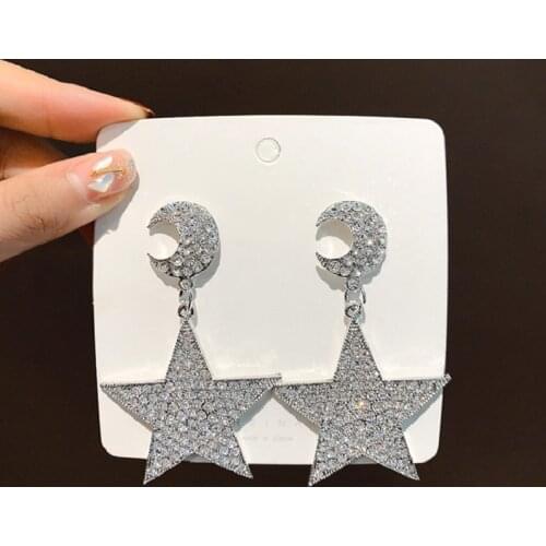 Exknl Big Pentagram Crystal Drop Earrings for Women Star Moon Rhinestone Dangle Long Earrings Weddings Party Jewelry Gifts