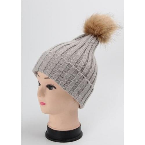 Womens Candy Color Winter Knitted Beanie Crochet Faux Raccoon Rabbit Fur with Pompons ball hat Curling Ear Protect Caps
