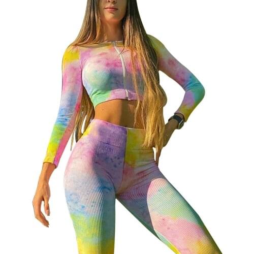 Womens Yoga Workout Outfit 2 Piece Set Seamless Leggings Athletic High Waist Tie Dye Long Sleeve Tops Gym Tracksuit GYM SET