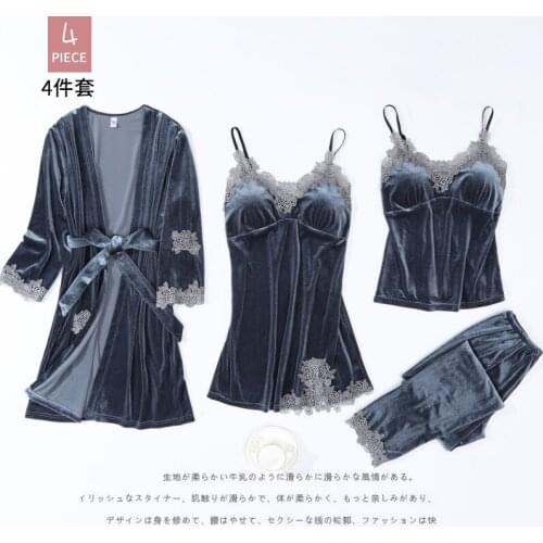 Winter Velvet Pajamas Set for Women Soft Keep Warm Sexy Sleepwear PJs 4PCs Full Sleeve Strap Nightgown Bath Robe Lingerie Suit