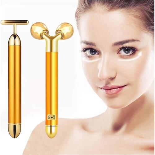 2-IN-1 Beauty Bar 24k Golden Pulse Facial Massager Electric 3D Roller and T Shape Face Massager Kit Face Lifting Anti-Wrinkles