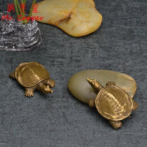Antique Copper Mini Turtle Decorations Chinese Classical Brass Tea Pets Vintage Crafts Miniature Figurine Home Decor Accessories