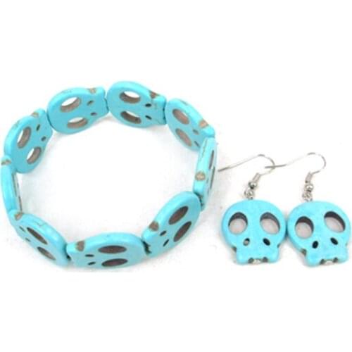 Free shipping Ladies Flat semi precious stone Skull Bracelet and earring