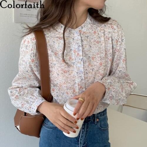 Colorfaith New 2021 Women Spring Summer Blouses Shirts Korean Style Single Breasted Floral Vintage Oversize Wild Lady Top BL6323
