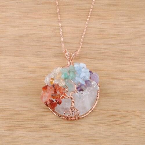 Cabochon Stone 7 Chakras Tree of Life Pendant Crystal Rose Gold Color Wire Wrap Chips Wisdom Tree Healing Chain 45cm QN4248