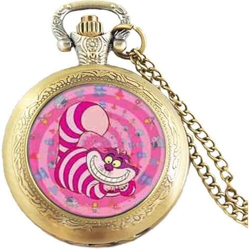 Alice in Wonderland Cute Pink Cheshire Cat Mens chain brass Necklace Steel Pocket Watch steampunk Jewelry Gift women