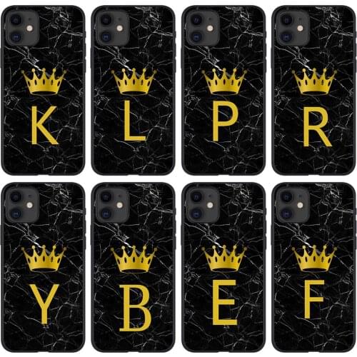 Crown Initial Letter Phone Cover for iphone 12 mini 11 12 Pro Max XR Xs 7 8 Plus SE 2020 Marble Texture Soft Silicone Back Case