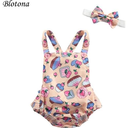 Blotona Cute Baby Romper with Hairband, Kids Summer Cartoon Cake Print Sleeveless Off Shoulder Bodysuit+ Headband, 0-24 Months