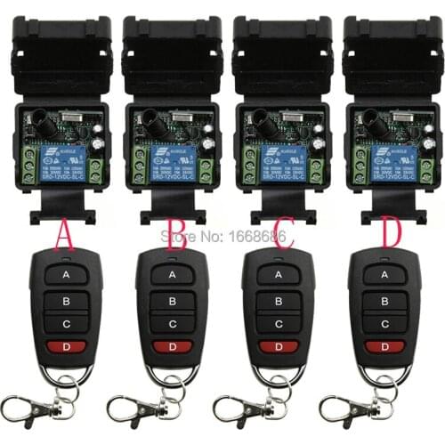 Hot Sales DC 12V 10A 1CH 315MHz/433MHZ Wireless RF Remote Control Switch 4*Transmitter+ 4*Receiver /lamp/ window/Garage Doors