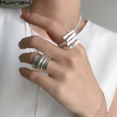 HZ 2020 New Trendy Multilayer Irregular Trapezoid Square Silver Color Simple Wide Version Metal Rings for Women Girls Jewelry