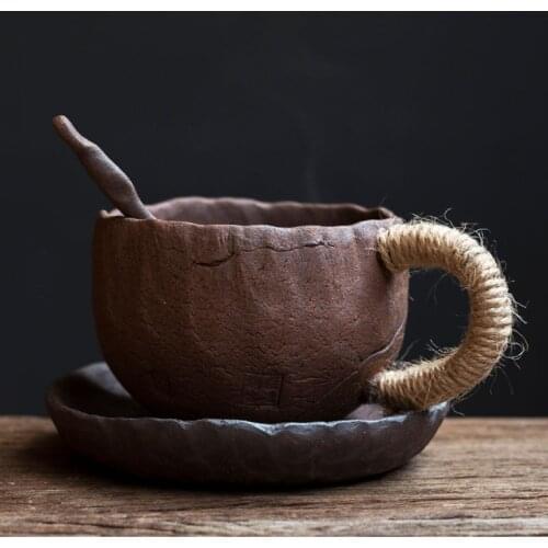 225ml Japanese Art Ceramic Coffee Cup and Saucer Simple Household Stoneware Breakfast Milk Mug Commercial Latte Latte Cup Single